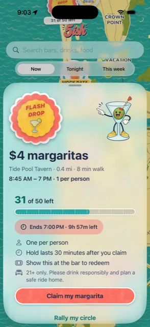 A flash drop sheet: $4 margaritas, hours, one per person, a counter of what is left and a Claim button