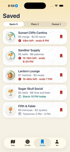 The Saved tab: a list of saved bars with deals and time left