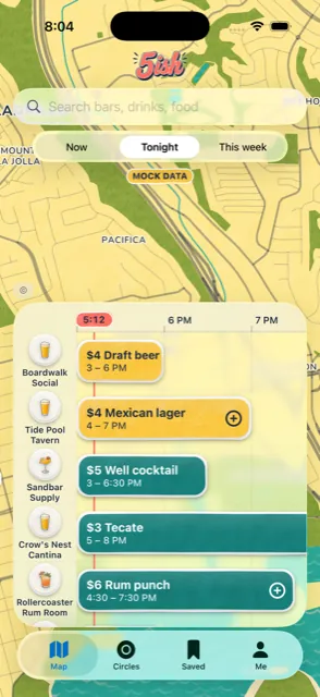 Tonight view: a timeline of happy hours by bar with a line marking the current time